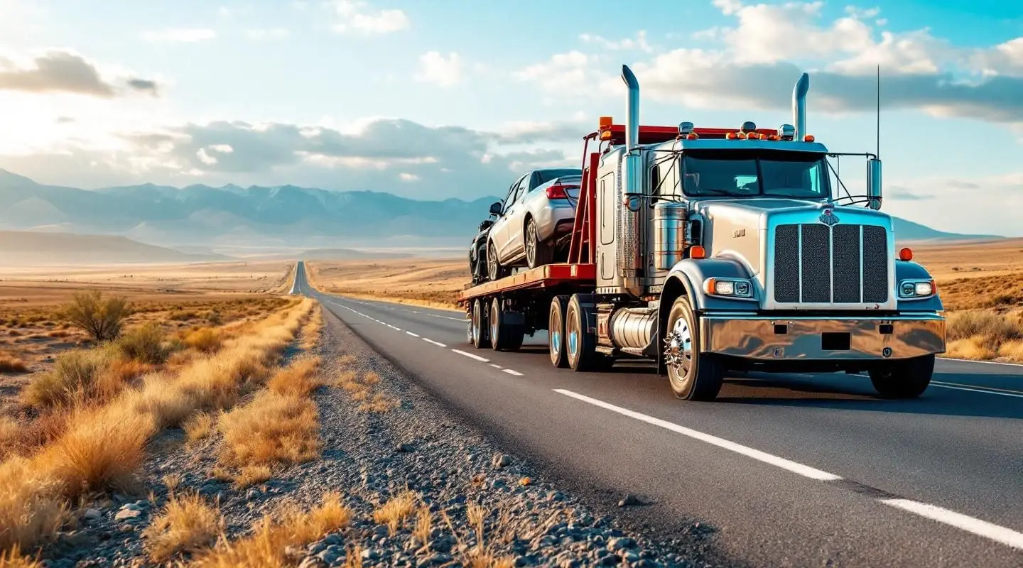 A professional flatbed tow truck transporting a sedan along a highway near Gresham under a dramatic dusk sky, showcasing long-distance vehicle transport.