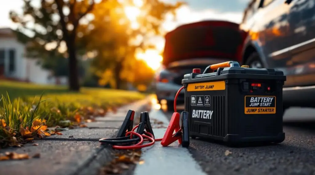 A Haully Towing technician connecting heavy-duty jumper cables to a dead car battery on a rainy evening in Powell Butte