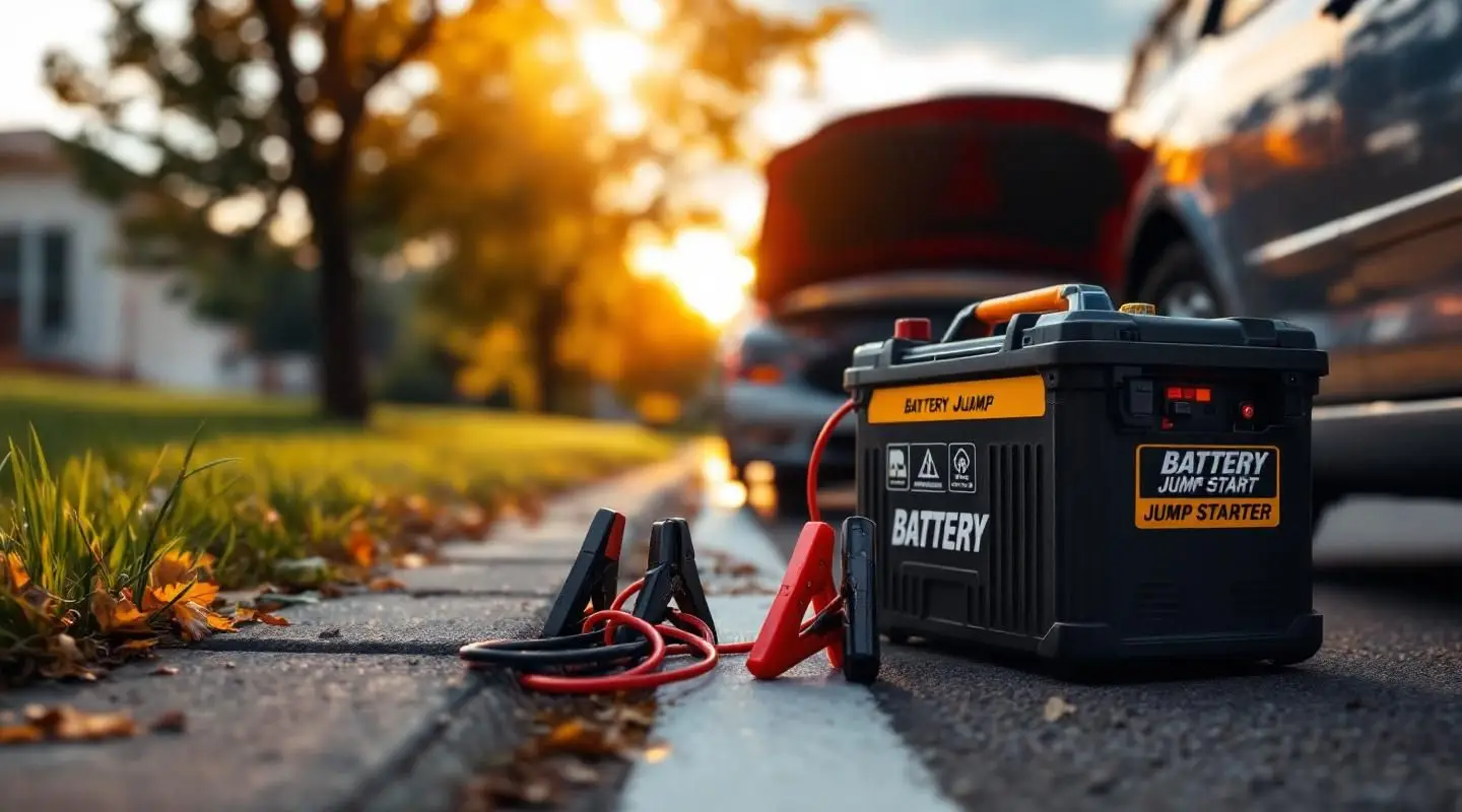 A Haully Towing technician connecting heavy-duty jumper cables to a dead car battery on a rainy evening in Gresham