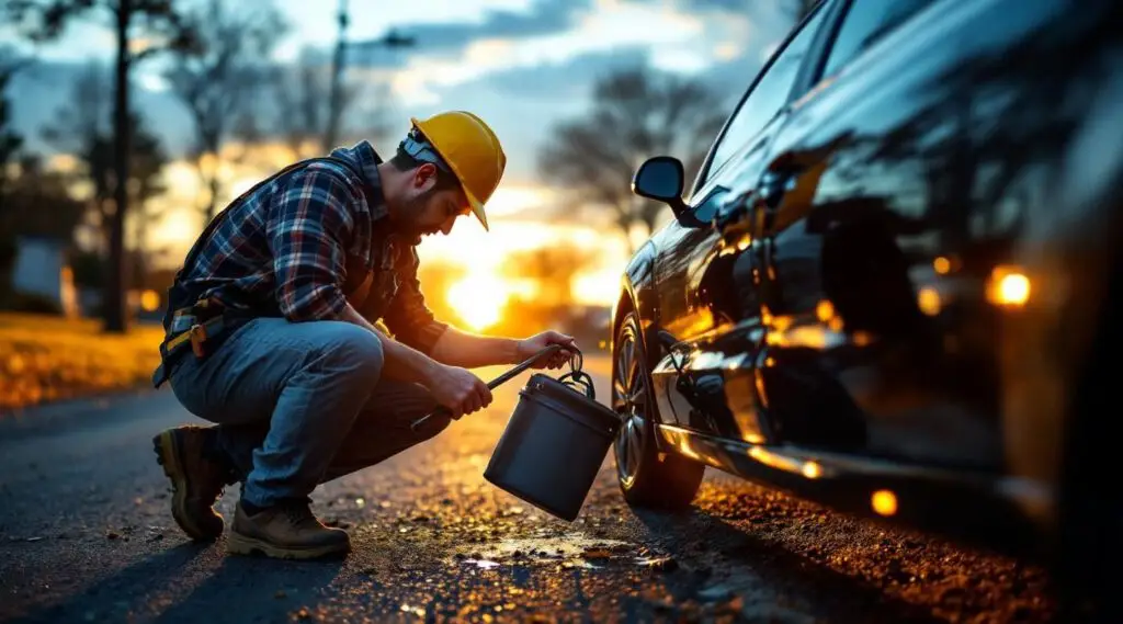 A Haully Towing technician safely opening a locked vehicle door using professional lockout tools in Powell Butte.