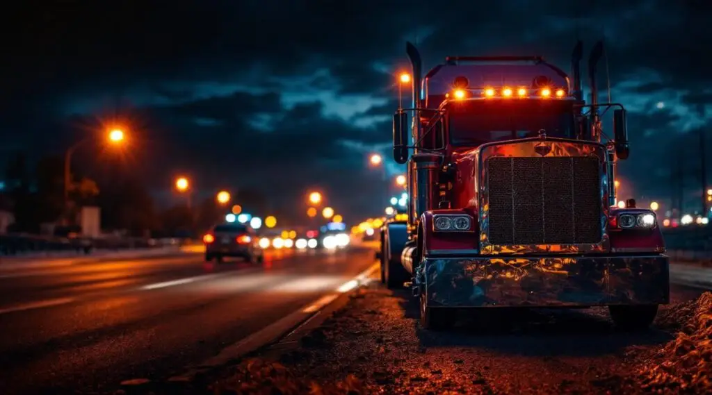 Haully Towing flatbed carrier with active amber safety lights assisting a stranded vehicle on a wet Powell Butte highway shoulder.