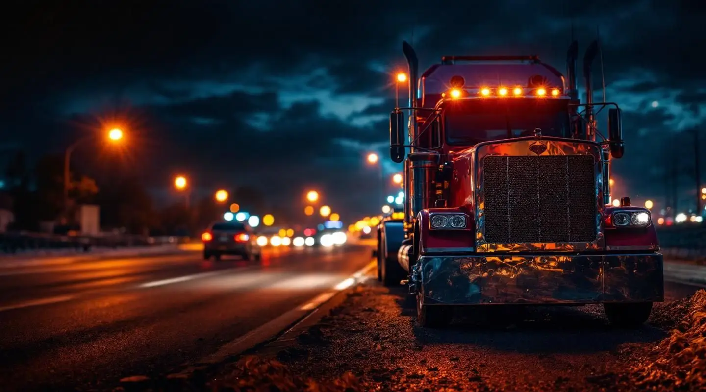 Haully Towing flatbed carrier with active amber safety lights assisting a stranded vehicle on a wet Gresham highway shoulder.