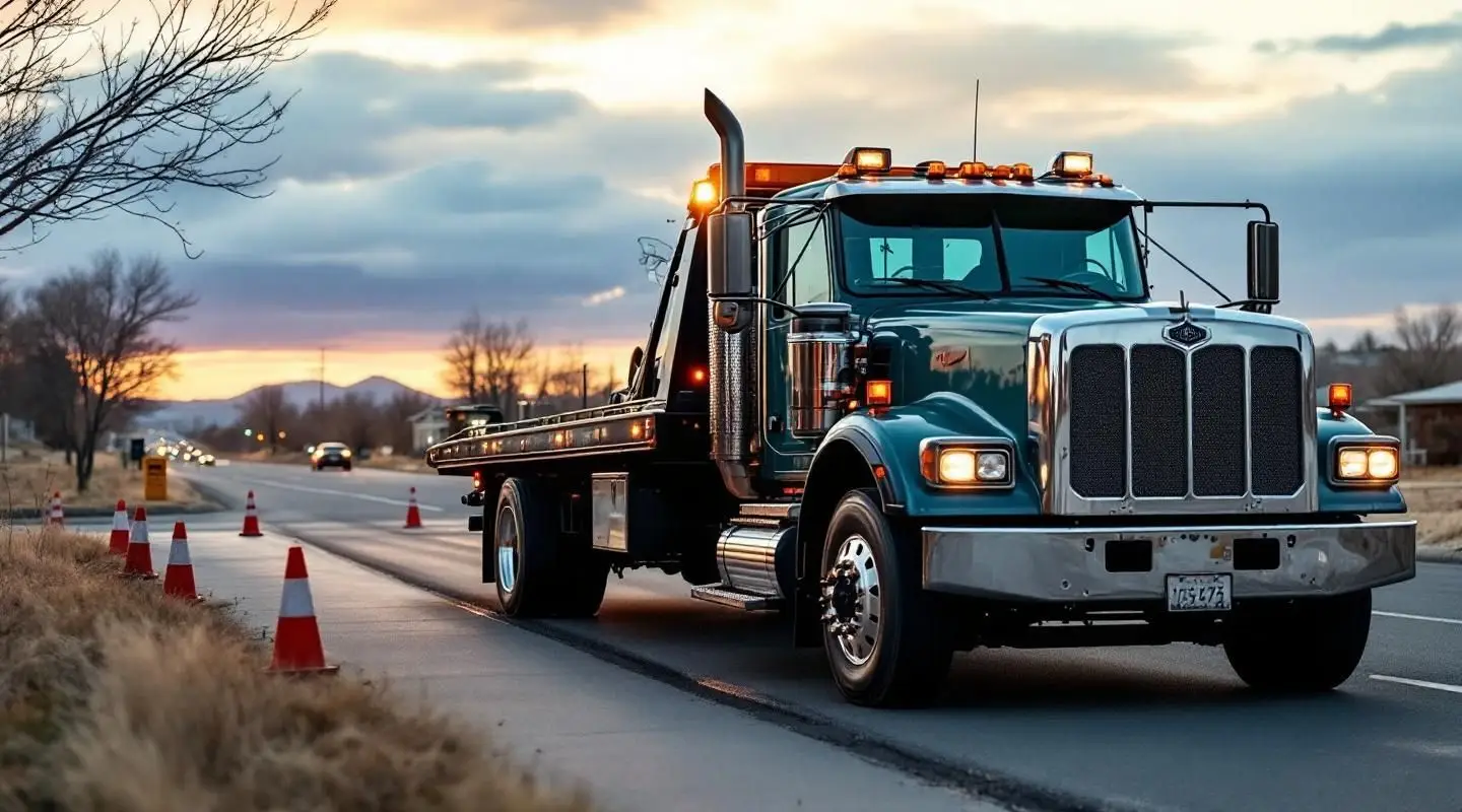 A professional flatbed tow truck operator securing a vehicle on Northeast Division Street in Gresham, Oregon under a dramatic Pacific Northwest sky.