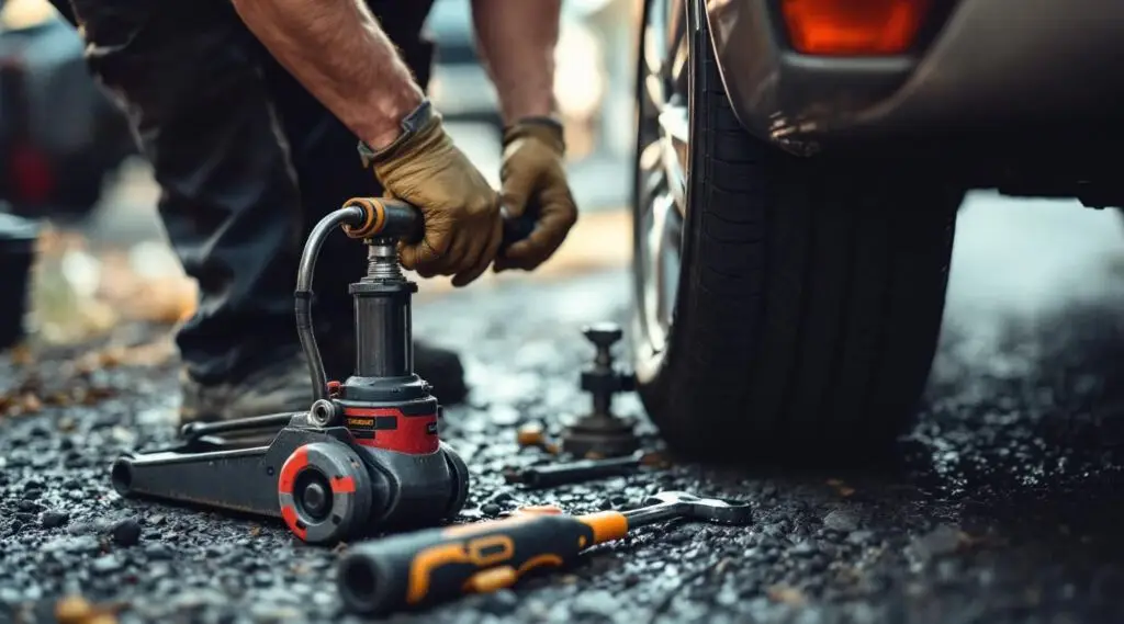 Professional roadside technician changing a flat tire on a vehicle parked safely along a busy Powell Butte highway at dusk.