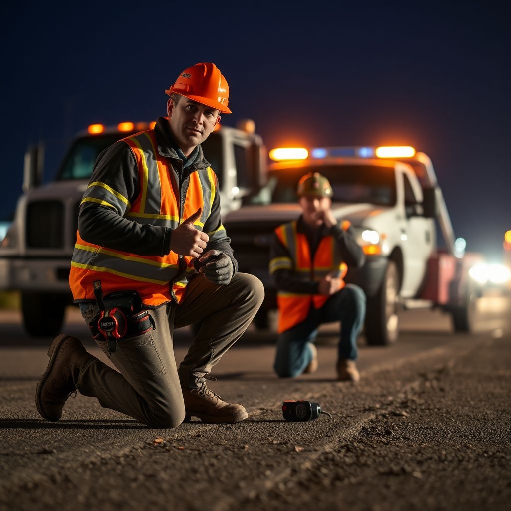 A professional tow truck operator wearing high-visibility safety gear inspecting a flatbed winch mechanism.