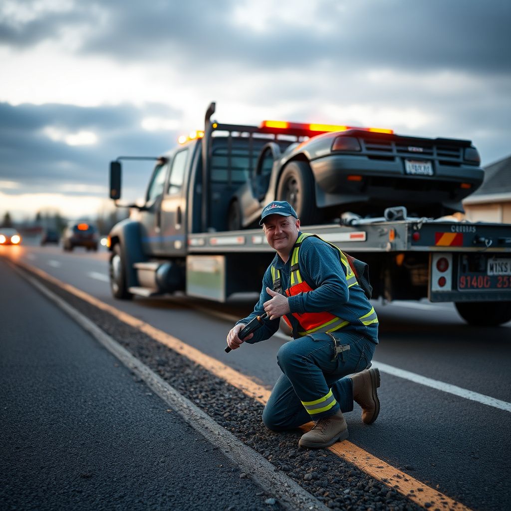Close-up of a tow truck operator securing a vehicle onto a flatbed deck with heavy-duty straps on a gravel road in Tumalo.