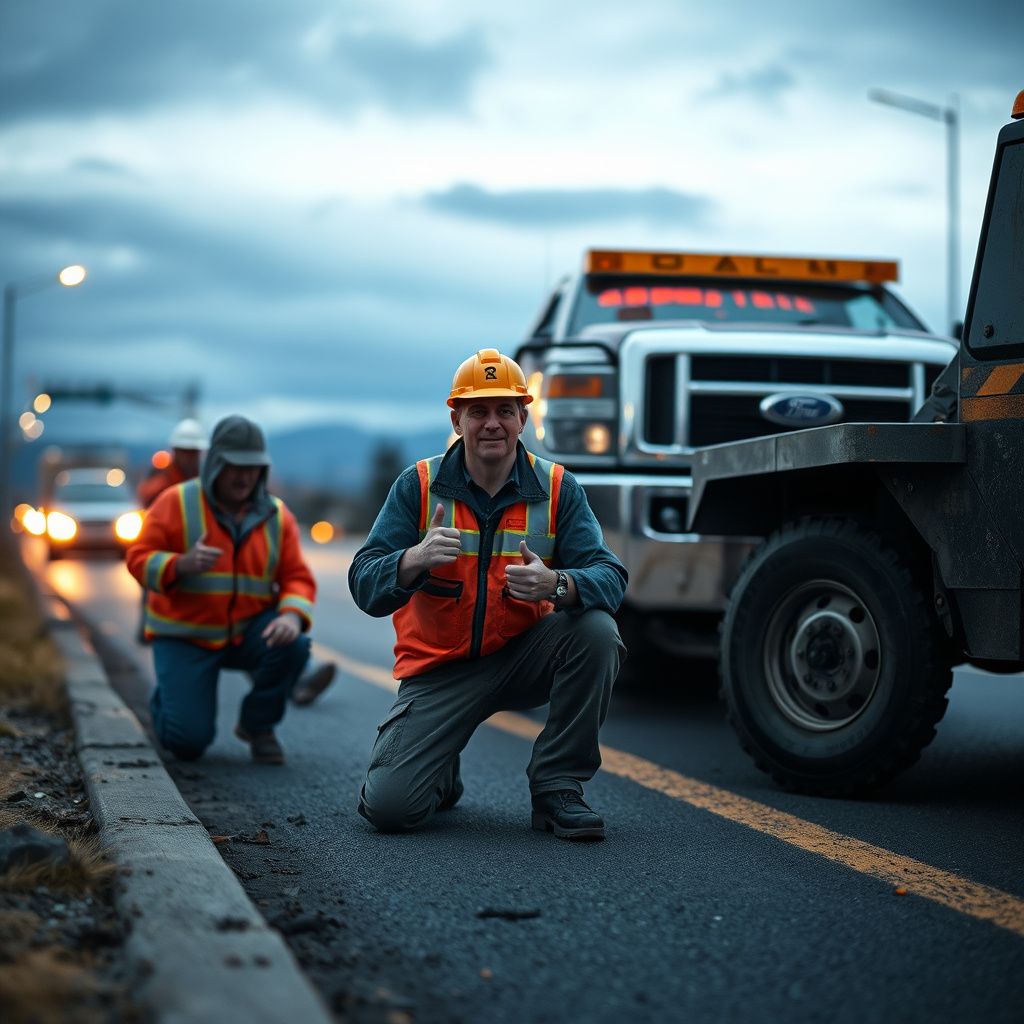 A professional tow truck operator securing a vehicle onto a flatbed truck in Bend, Oregon.